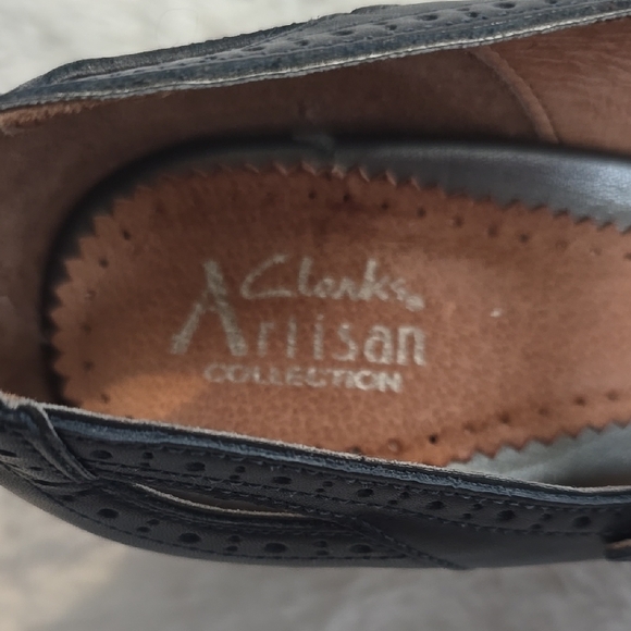 Clarks NavyLeather Heeled Peep-Toe Shoes with Adjustable Strap - Picture 7 of 12